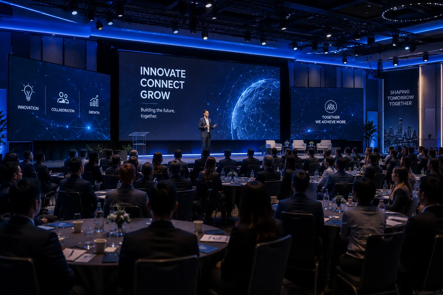 Keynote speaker on stage in front of a large formal conference audience