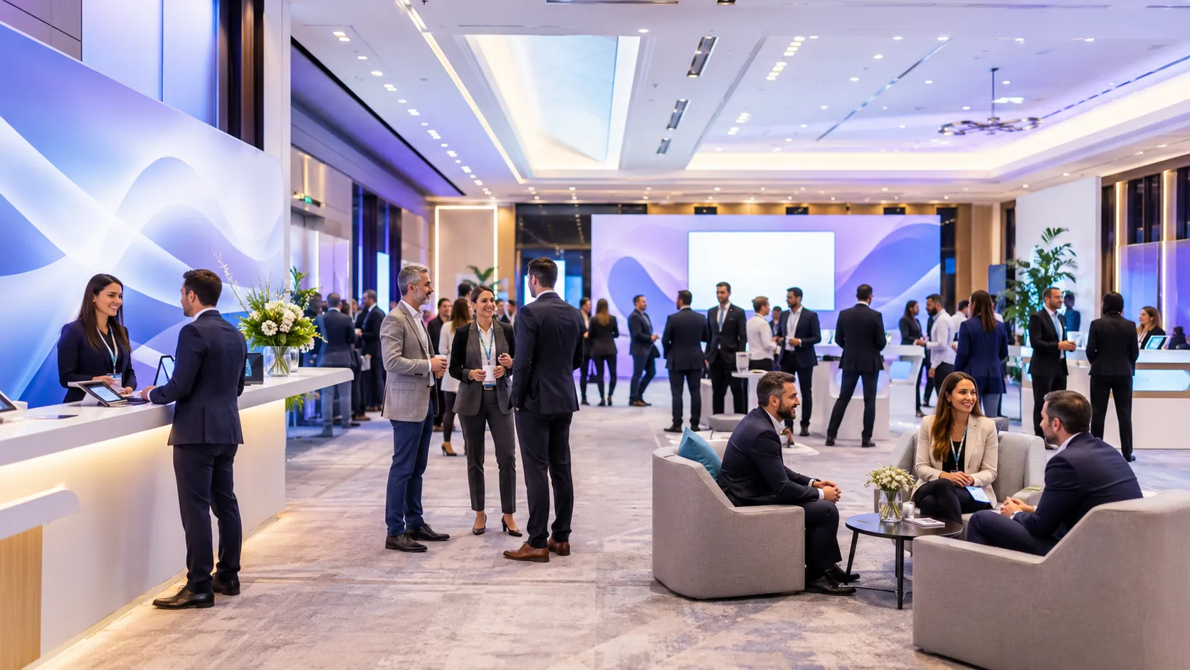 Guests networking in an elegant, softly lit corporate event lobby
