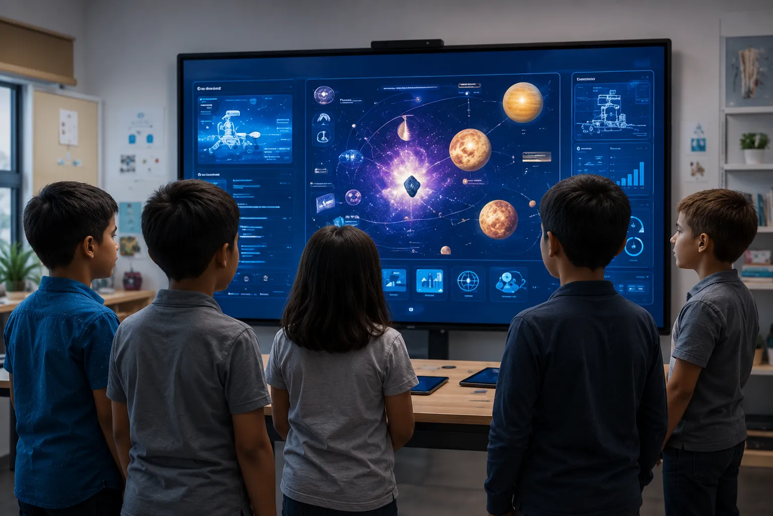Students exploring an interactive solar-system touchscreen exhibit
