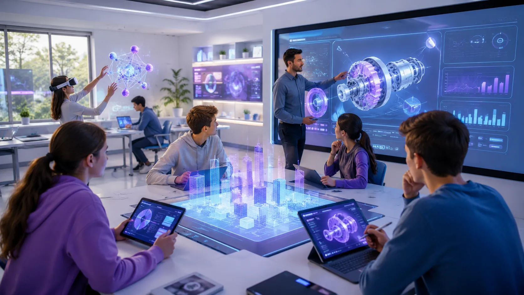Classroom exploring a holographic city model on a shared table display