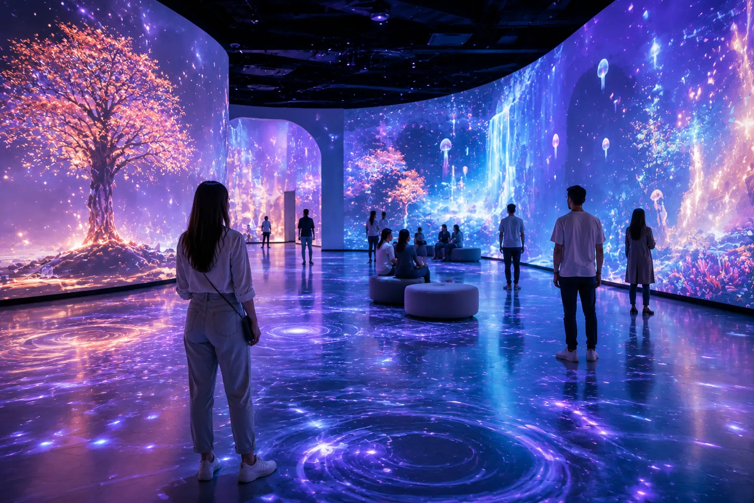 Visitors in a warm, projection-mapped room with glowing trees and water