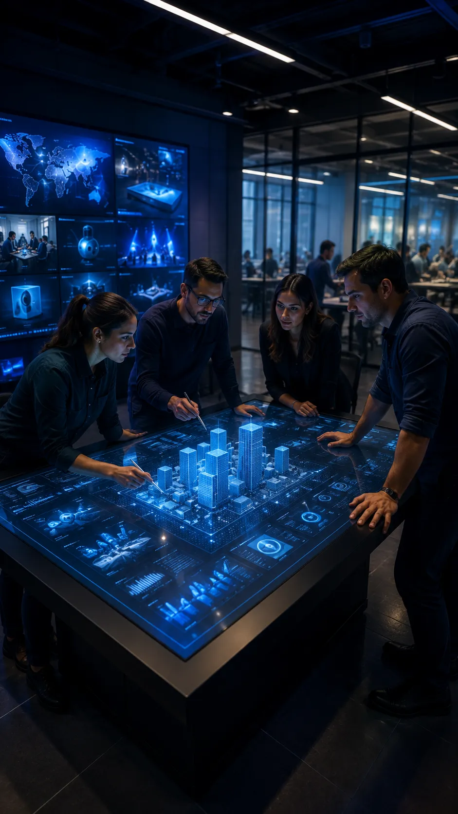 Team collaborating around a holographic city-model table in a workshop