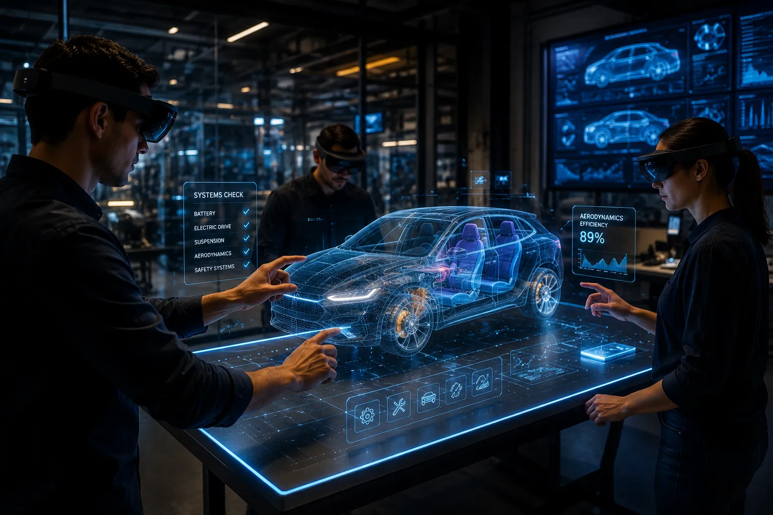 Engineers using mixed-reality headsets to inspect a holographic vehicle