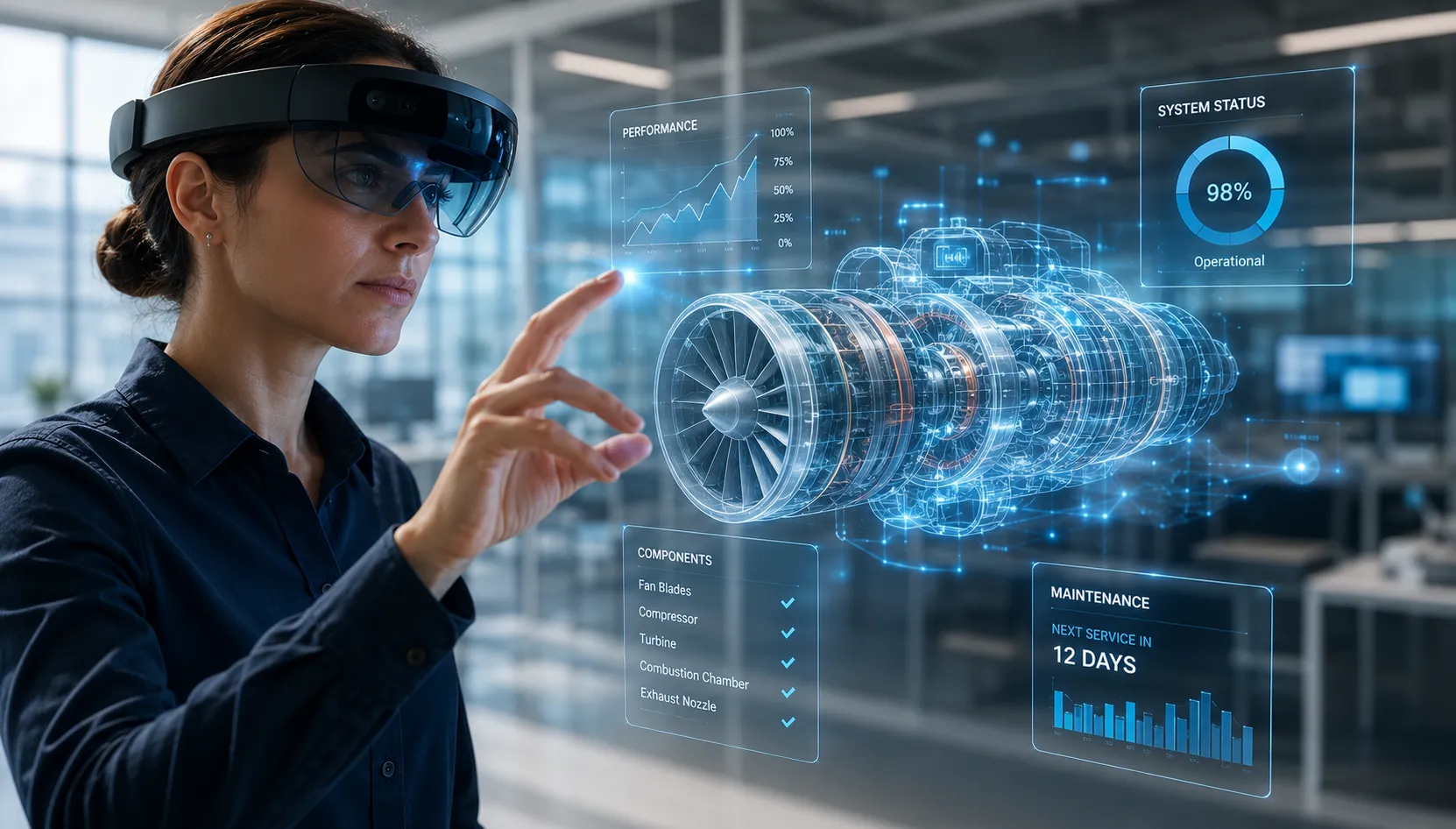Engineer using a mixed-reality headset to inspect a holographic jet engine