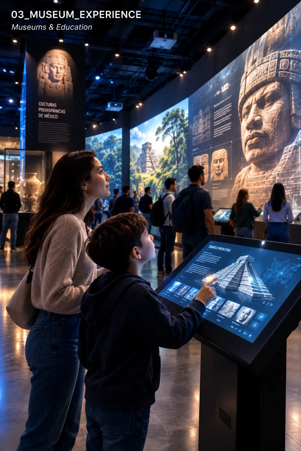 Family using an interactive touchscreen exhibit about pre-Hispanic Mexican culture
