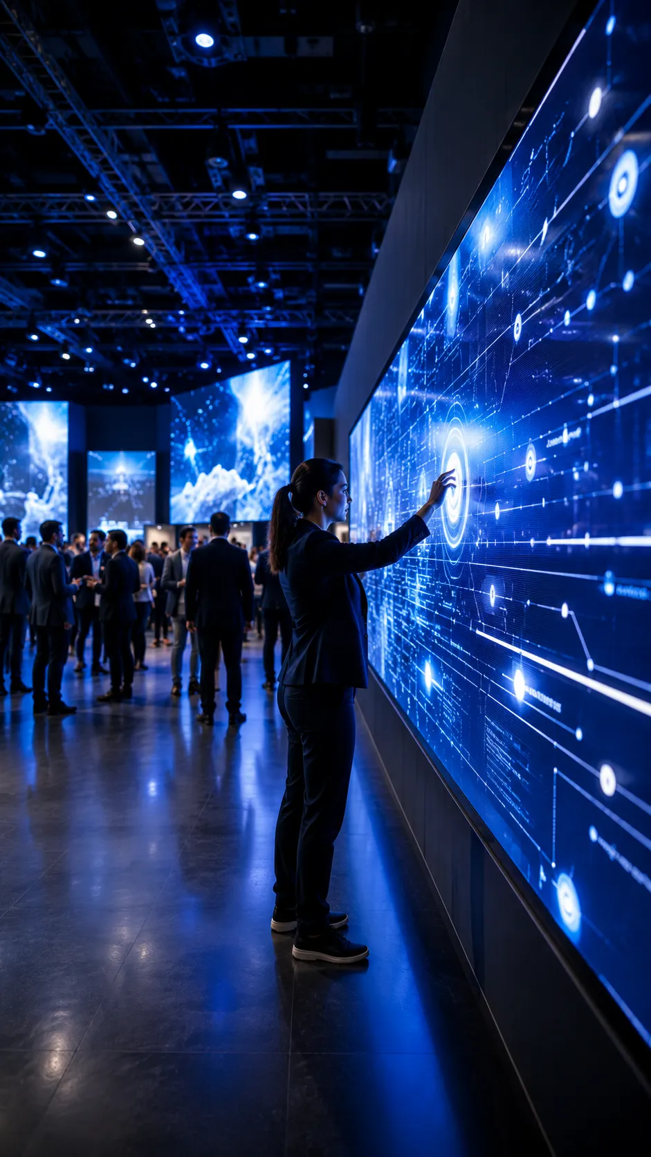 Close-up of a visitor interacting with a large interactive data wall