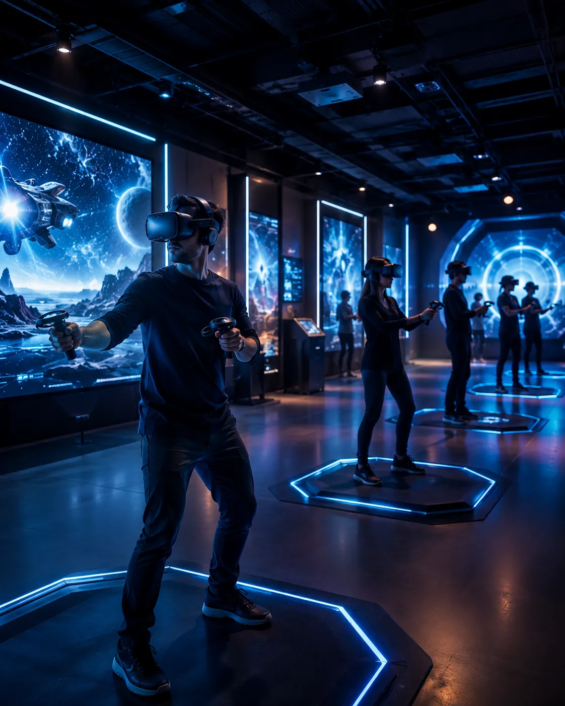 Group using VR headsets on illuminated platforms in a VR experience center