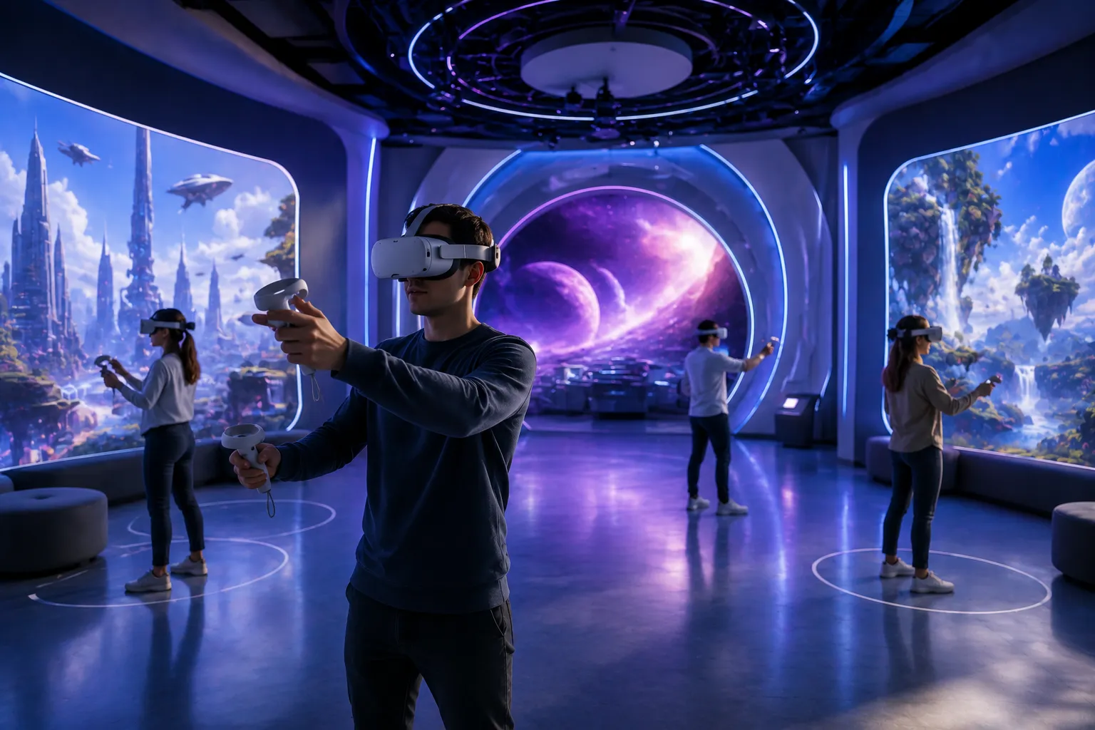 VR experience center with a glowing portal centerpiece and fantasy landscapes